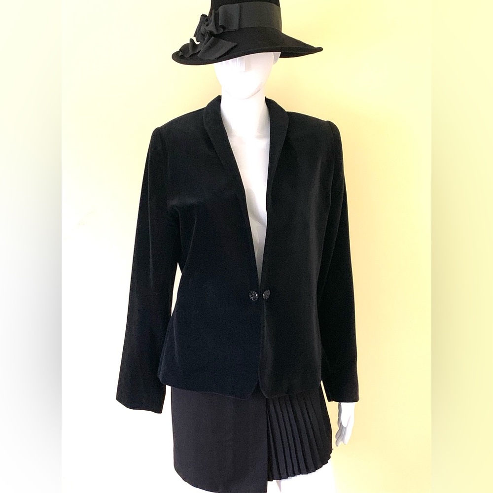 Black thick cotton velvet blazer single button tuxedo shawl collar high neck 12